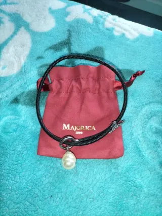 Collar Majorica Piel Negra Perla Blanca