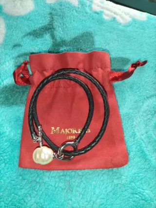 Collar Majorica Piel Negra Perla Blanca