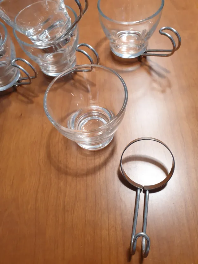 Azucarero + tazas de café cristal y metal plateado