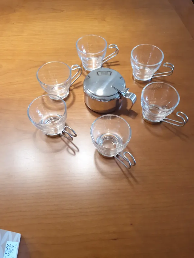 Azucarero + tazas de café cristal y metal plateado