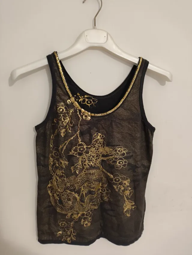 Top Pinko marrone con dragone dorato