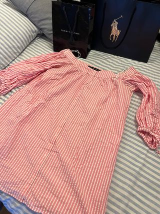 Vestido corto de rayas rosa y blanco