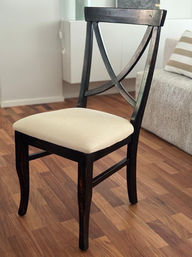 4 Sillas Madera Envejecida Lino Beige/Negro