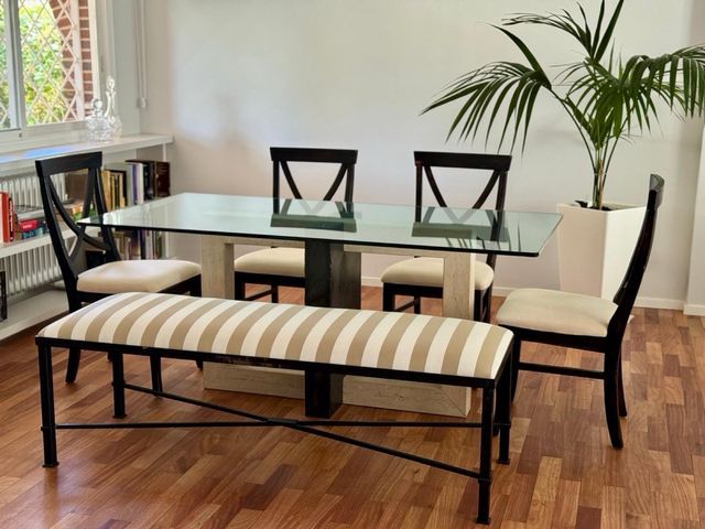 Banco forja tapizado rayas beige y negro