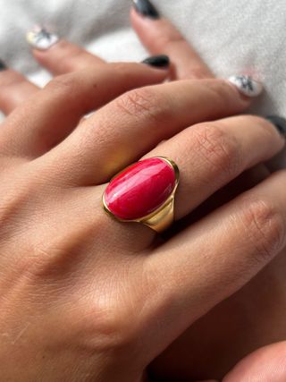 Anello acciaio dorato smalto rosso