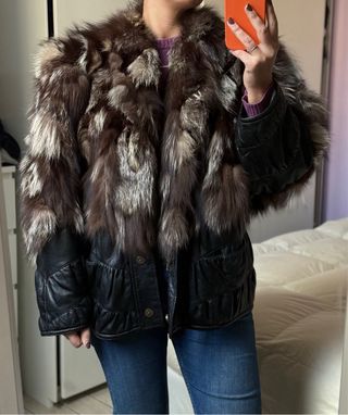 Pelliccia vintage vera pelle nera e marrone donna