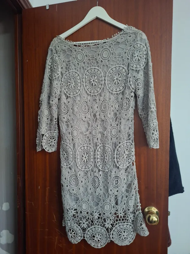 Vestido largo beige/gris encaje talla única