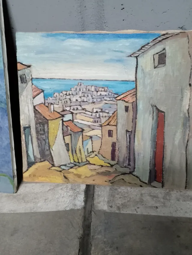 Cuadro paisaje pueblo mar