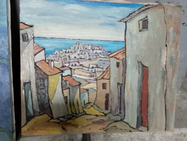 Cuadro paisaje pueblo mar