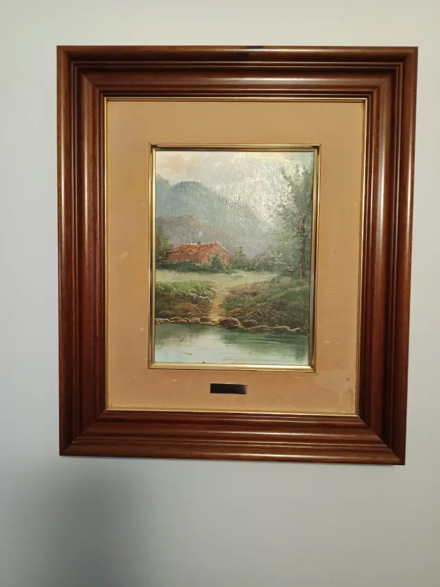 Cuadro paisaje con casa y río