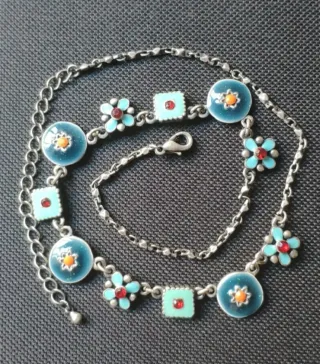 Collar plata esmaltado flores y cuadrados