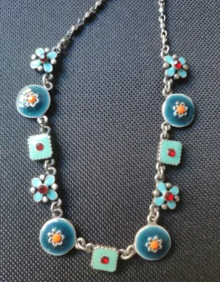 Collar plata esmaltado flores y cuadrados