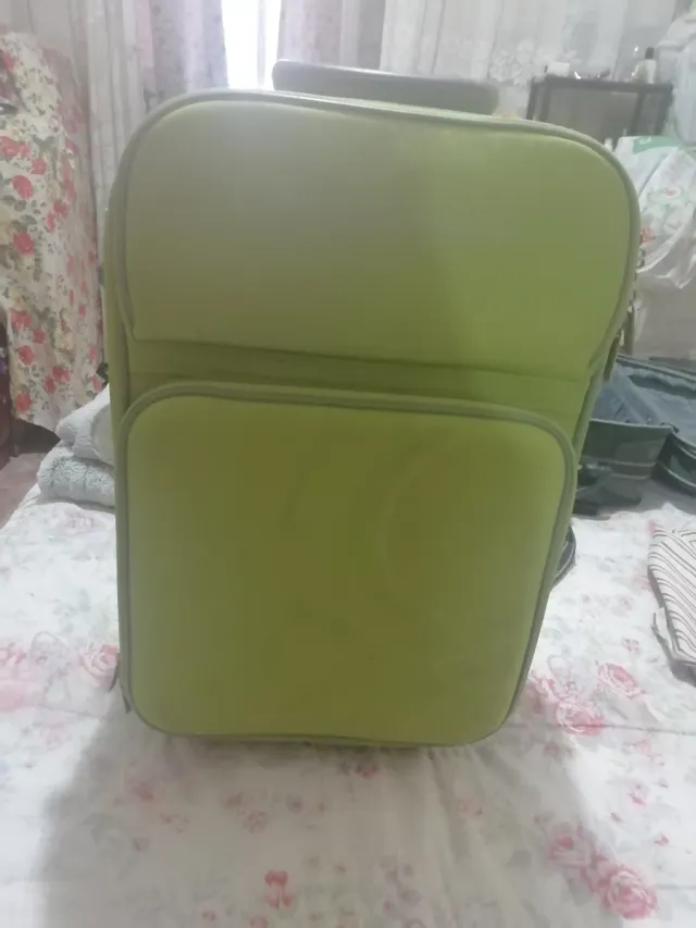 Maleta de viaje gris y verde