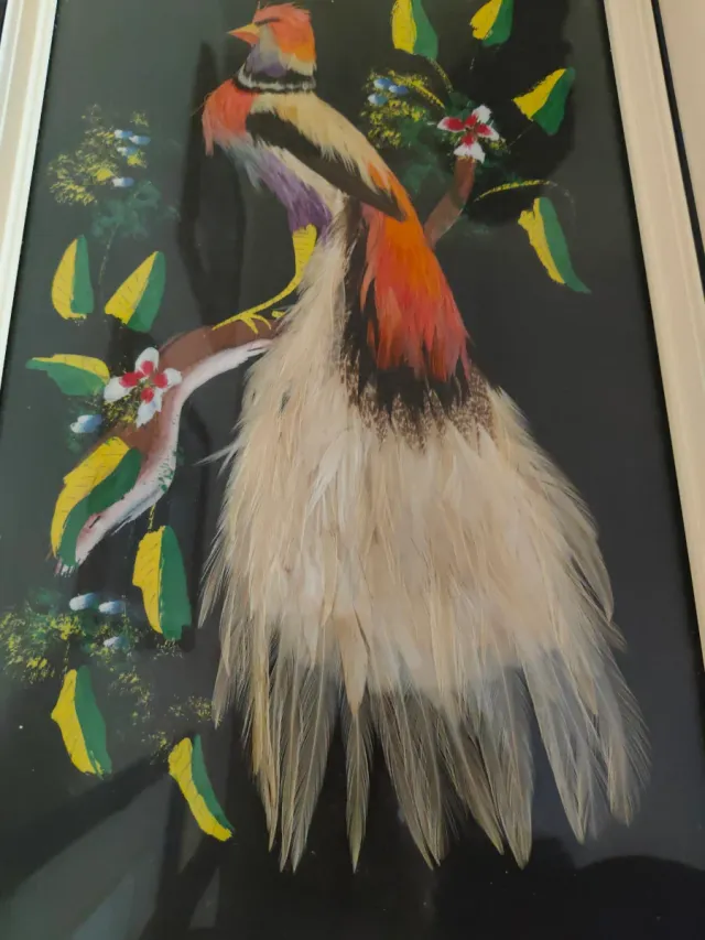 Cuadro Pájaro Plumas Marco Beige