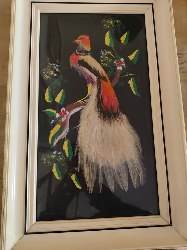 Cuadro Pájaro Plumas Marco Beige