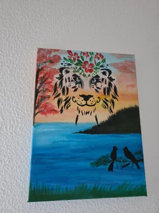 Quadro Leone con Fiori Acrilico