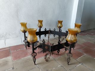 Lámpara forja y cristal ámbar antigua