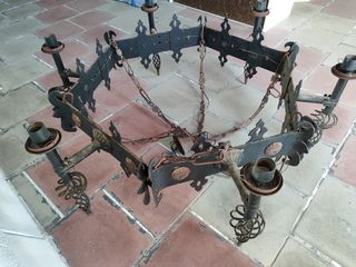 Lámpara forja y cristal ámbar antigua