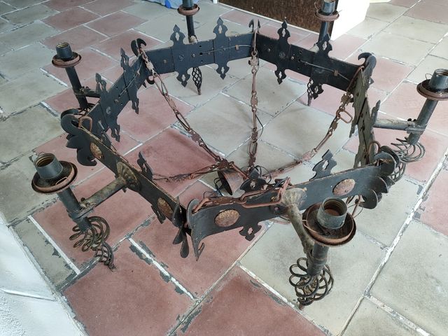 Lámpara forja y cristal ámbar antigua