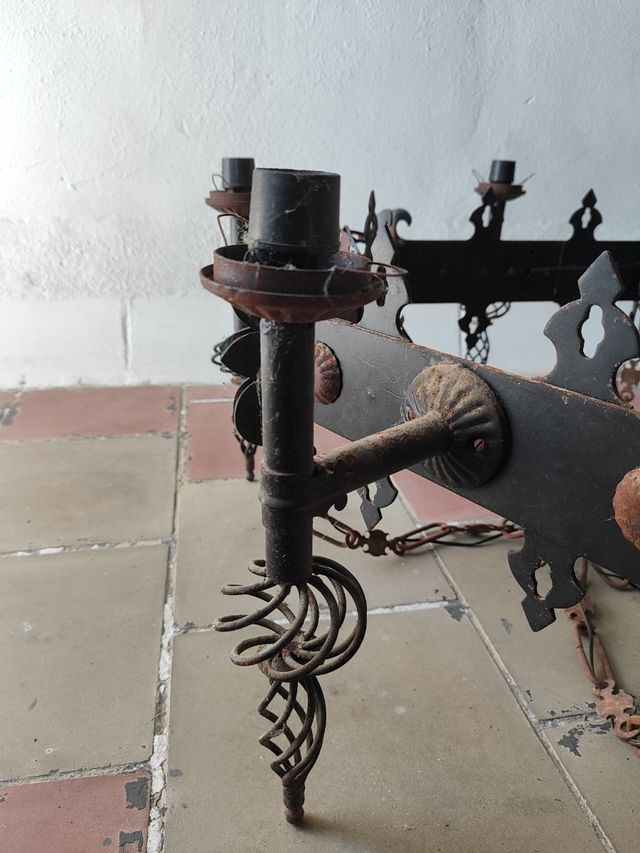 Lámpara forja y cristal ámbar antigua