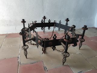 Lámpara forja y cristal ámbar antigua