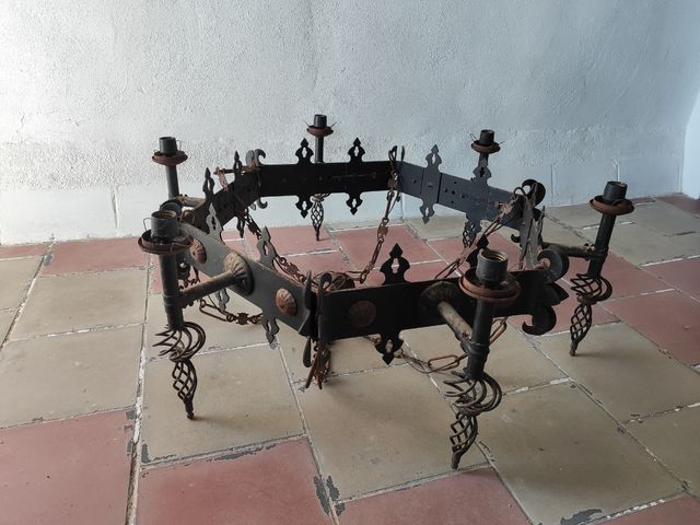 Lámpara forja y cristal ámbar antigua