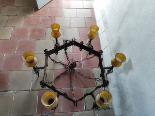 Lámpara forja y cristal ámbar antigua