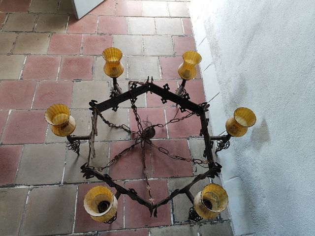 Lámpara forja y cristal ámbar antigua