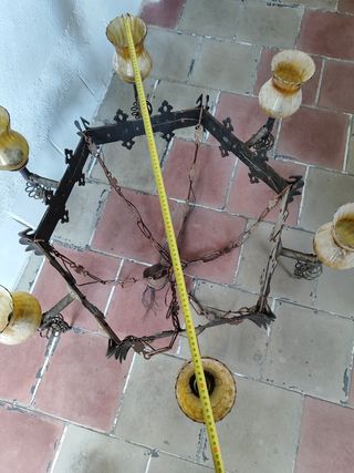 Lámpara forja y cristal ámbar antigua