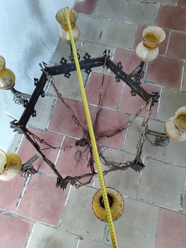 Lámpara forja y cristal ámbar antigua