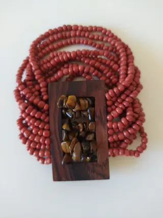 Pulsera elástica madera y piedras terracota