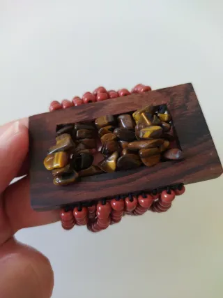 Pulsera elástica madera y piedras terracota
