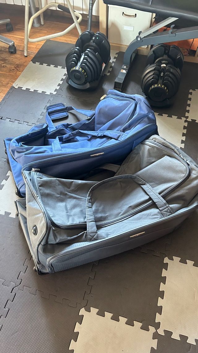 Maleta de viaje gris con ruedas