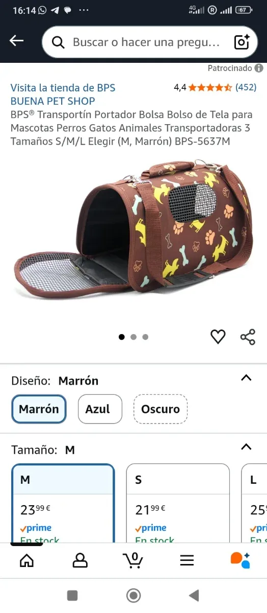 Transportín BPS M gato/perro marrón