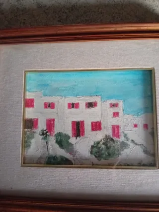 Quadro dipinto su tela raffigurante delle case