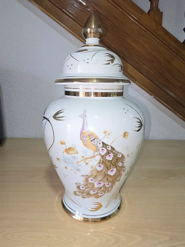 Jarrón Tibor Tapa Blanco Dorado Porcelana