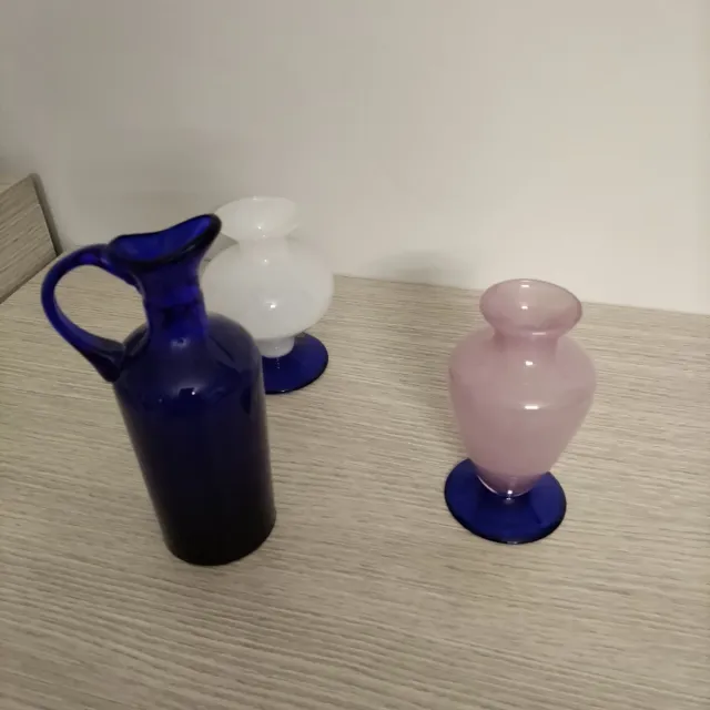 Set 3 vasi in vetro: blu, rosa, bianco