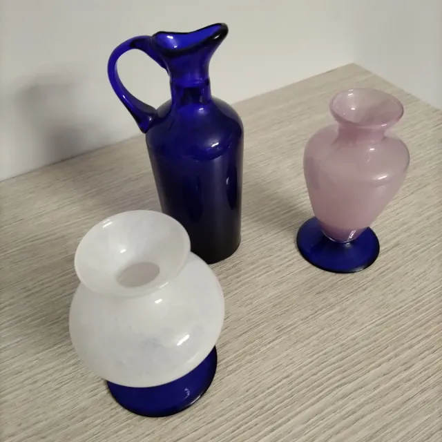 Set 3 vasi in vetro: blu, rosa, bianco
