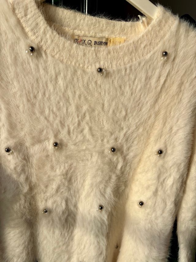 Jersey beige de pelo con perlas -L-