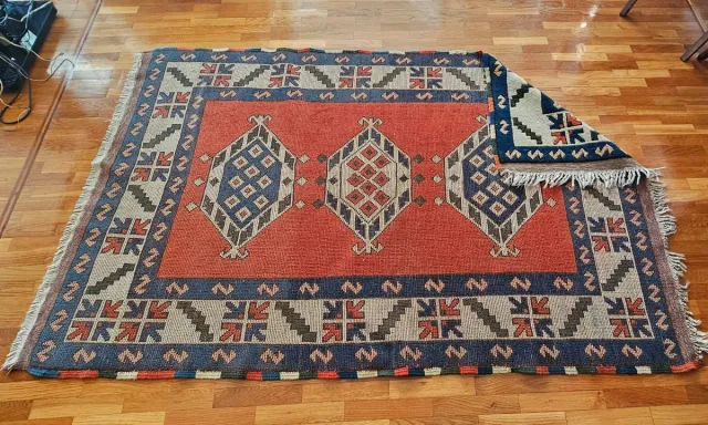 Alfombra turca de lana naranja y azul