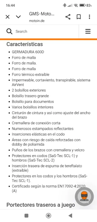 Chaqueta Moto Negra Talla XL