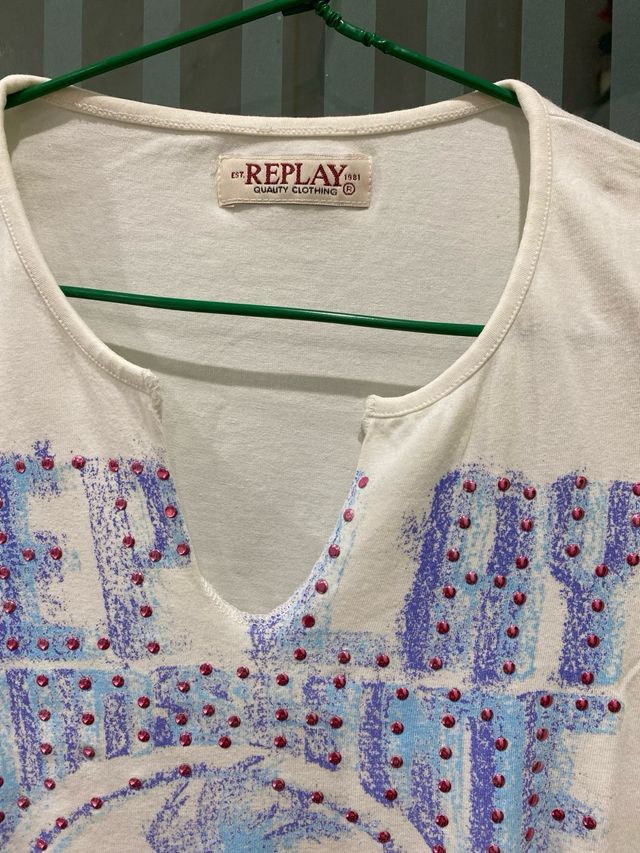 Camiseta Replay Blanca y Azul. Manga 3/4 Talla S