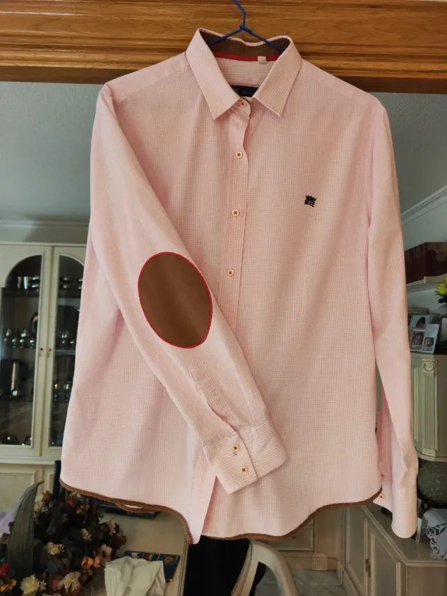 Camisa rosa a cuadros con codillera, Talla 46