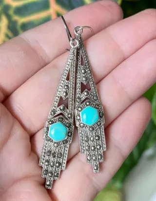 Antiguos pendientes turquesa marcasitas plata 925