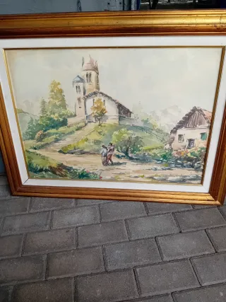Quadro con chiesa e paesaggio