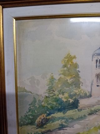 Quadro con chiesa e paesaggio