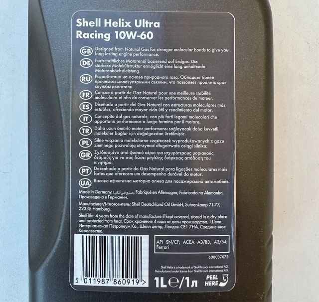 5x Aceite Shell Helix Ultra 10W-60 Racing