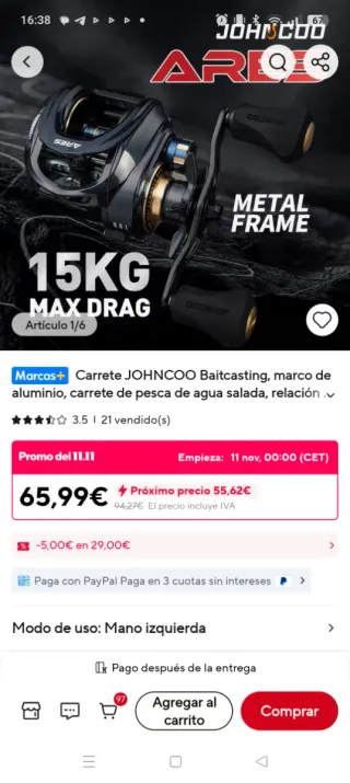 Carrete de pesca JOHNCOO ARES sin estrenar