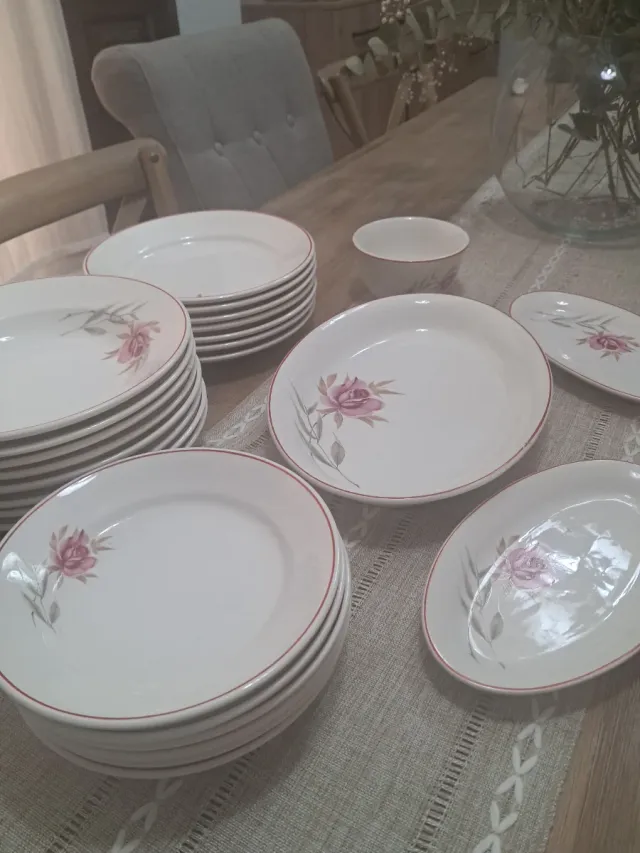 Conjunto de louça antiga San Claudio com flores rosas