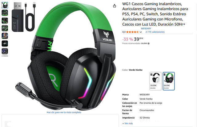 ¡-50%! | Weseary WG1 - Cascos Inalámbricos Verdes